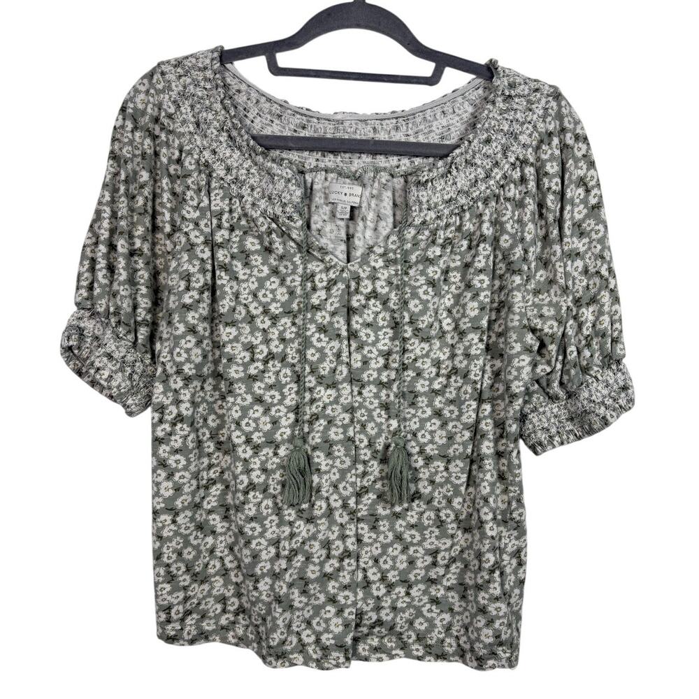 Lucky Brand Green Floral Smocked Peasant Blouse Boho Tassel Puff Sleeve Top S